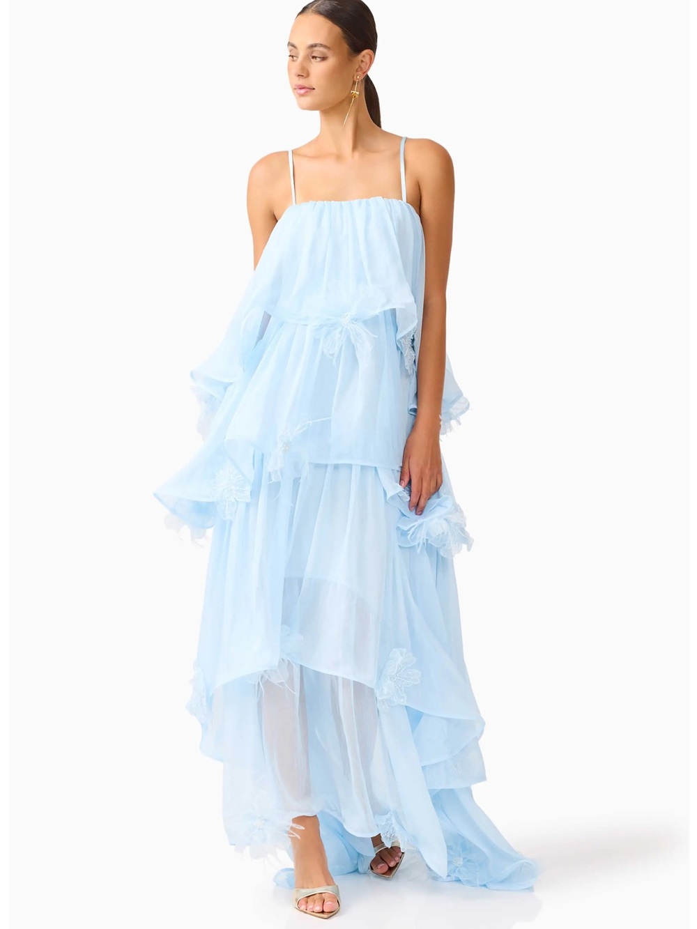 Elliatt Zadie Tiered Powder Blue Layered Chiffon Maxi Dress • msrp $558